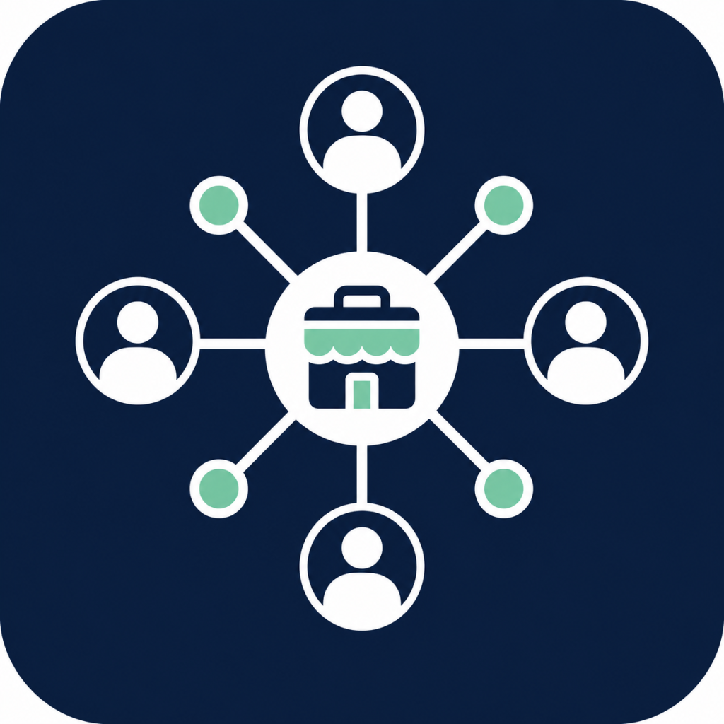 Icon representing top franchise broker networks with connected franchise professionals and a central franchise brand hub.