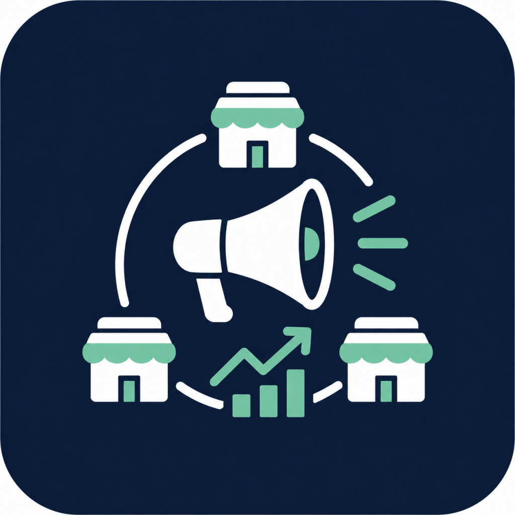 Icon representing top franchise marketing agencies with a megaphone, connected franchise locations, and a growth chart.