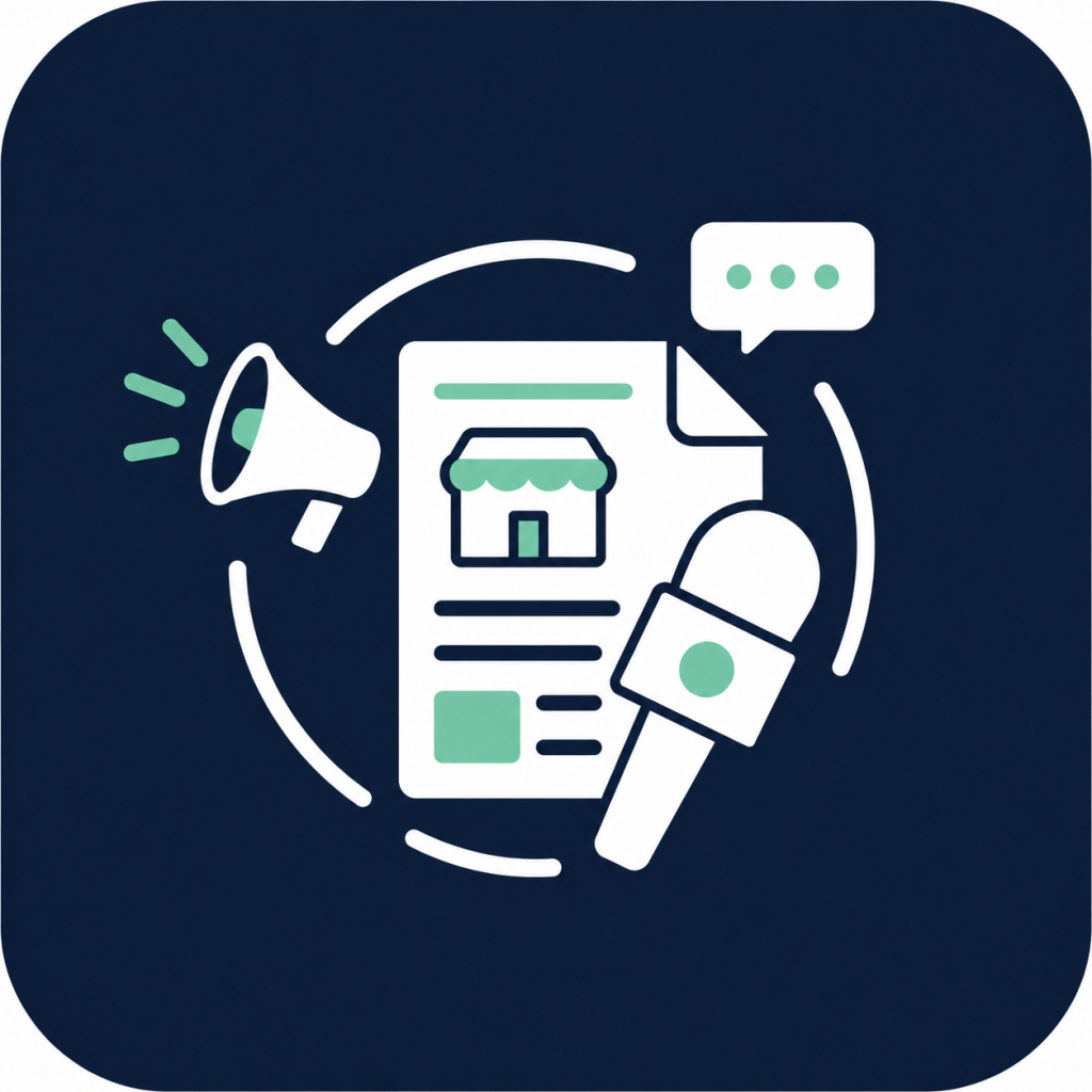 Icon representing top franchise PR firms with a press document, microphone, megaphone, and communication bubble.