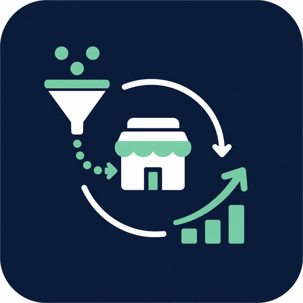 Icon representing top franchise sales organizations with a sales funnel, franchise storefront, growth arrows, and performance chart.