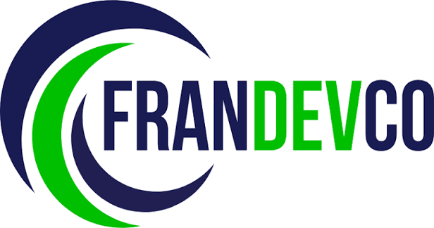 FranDevCo logo featuring navy blue and green curved graphics surrounding the company name.