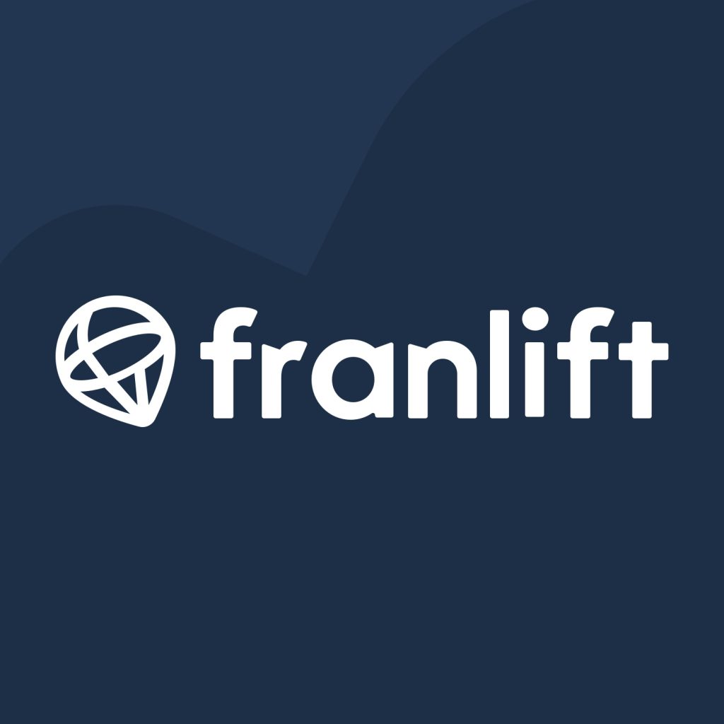 FranLift logo featuring white lettering and a circular geometric symbol on a dark navy blue background.