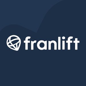 FranLift logo featuring white lettering and a circular geometric symbol on a dark navy blue background.