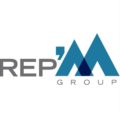 Rep’M Group logo featuring gray lettering and a stylized blue mountain-shaped M on a white background.